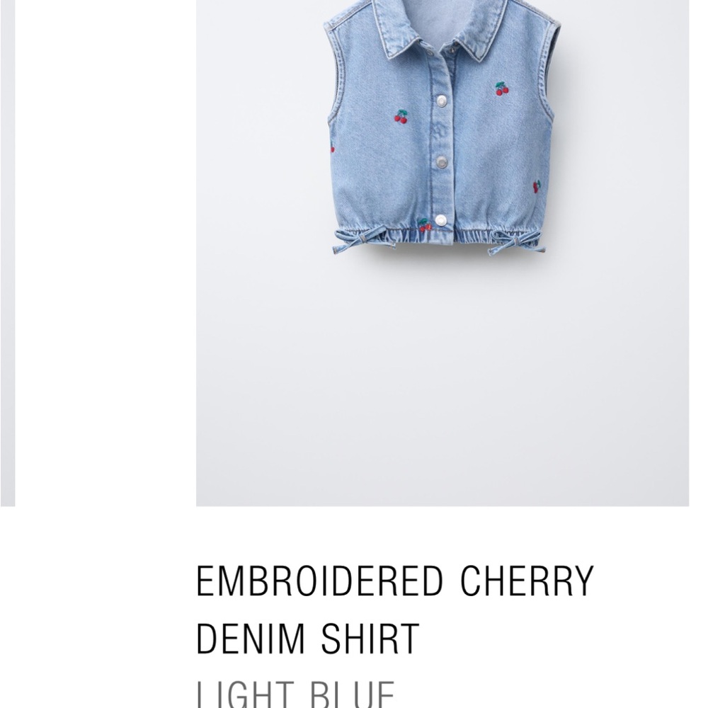 Zara Light Blue Cherry Embroidered Kids Denim Shirt
